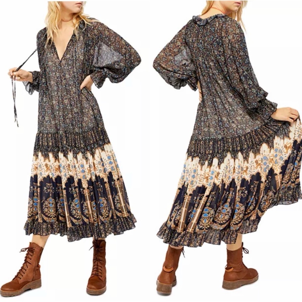 Free People Navy Multi Floral Long Sleeve Maxi Dress